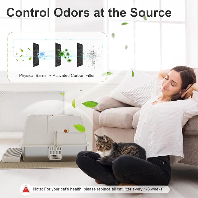 Stainless Steel Litter Box with Lid, XL Extra Large Litter Box, Enclosed Top Entry Metal Litterbox for Big Cats, Easy Cleaning, Less Leakage & High Sided with Mat, Aisle & Scoop, Beige