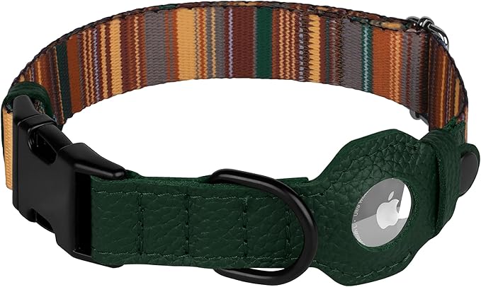 AirTag Dog Collar with Metal Buckle - Printed Nylon Soft Leather Dog Collar with Apple AirTag Holder - Secure Tracking GPS Pet Collars for Girl Boy Small Large Dogs (S, 12"-15" Neck Fit, Striped)