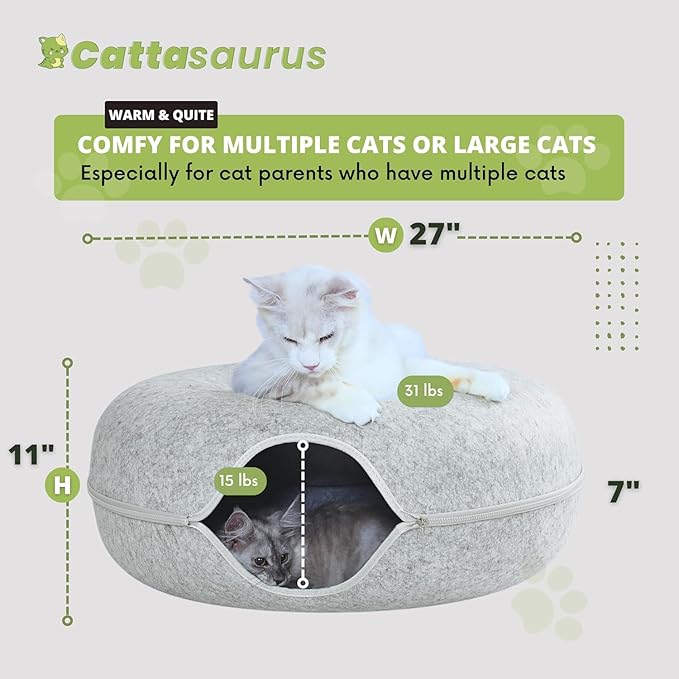 Cattasaurus Peekaboo Cat Cave Duo Jumbo Set, Extra Spacious Cat Donut for Multiple & Large Kitty 15+ lbs, Scratch Detachable Cat Beds for Indoor Cats, Washable Cat Tunnel Bed, Best Kitten Toys