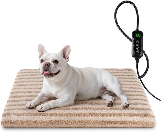 Pet Heating Pad, Waterproof Heated Dog Cat Bed with 11 Adjustable Temperatures & 24H Timer, Auto Shut-Off, Chew-Resistant Cord, Washable Cover, Indoor Electric Heating Mat, Beige, M(28" x 20")