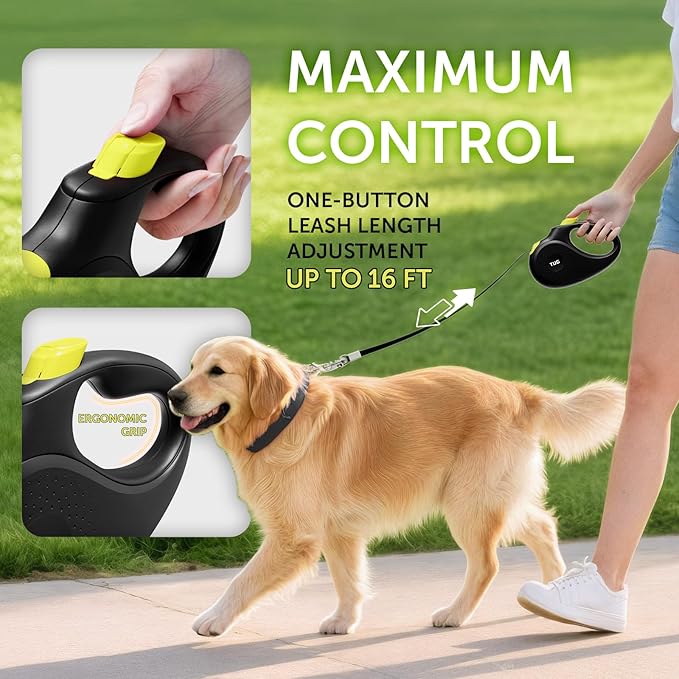 TUG 360° Tangle-Free Retractable Dog Leash | 16 ft Strong Nylon Tape (Medium, Black/Yellow)