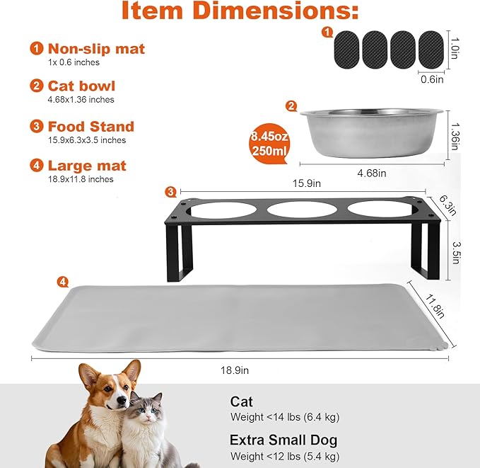 Elevated Cat Bowls with Food Mat, 10°Tilted Non-Slip Raised Cat Food Water Bowls Set, 3 Thick Stainless Steel Pets Dishes with Cute Metal Feeding Stand for Indoor Kitten Puppy, Anti-Vomiting