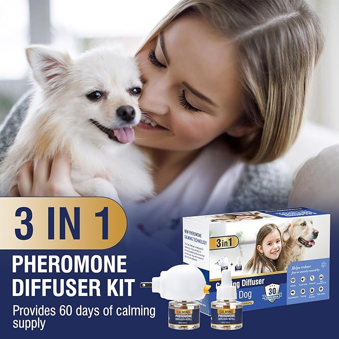 Dog Pheromones Calming Diffuser 3 in 1 Advanced Kit Pet Appeasing Pheromone Diffuser to Calm (1 Plug in+2 Pack 48ml Refill) for Anxiety Relieve Relief Reduce Aggression Fighting Stress