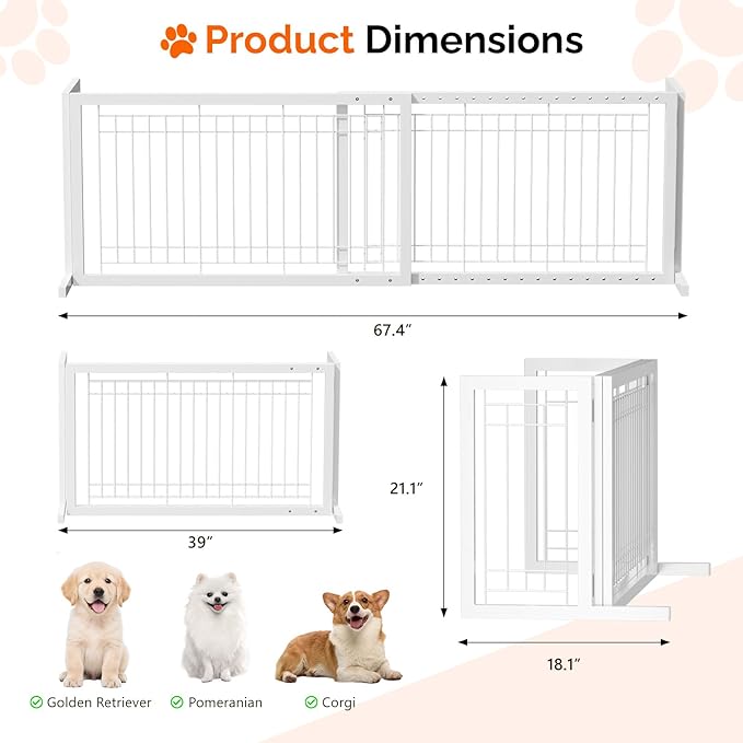 Bonnlo Free Standing Dog Gate, 37" - 68" Wide Pet Gate for Fireplace Stairs Doorways, Metal Adjustable Pet Fence Indoor, Christmas Tree Gate (Metal-White)