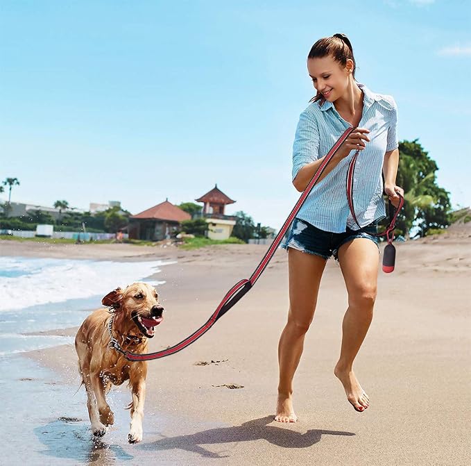 JSXD 5 FT Heavy Duty Double Handle Dog Leash with Comfortable Padded and Reflective Rope, Suitable for Small, Medium, Large Dogs (Wide-Red)