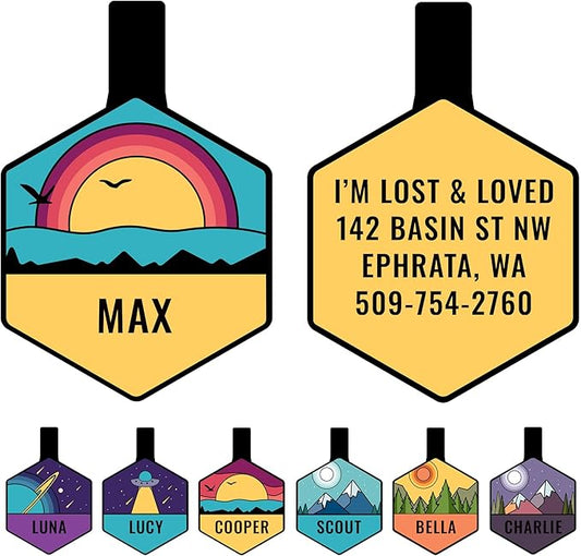 GoTags Silent Dog Tag, Personalized Engraved Hexagon Silicone Dog and Cat Name Pet ID Tags, Soundless No More Jingling Dog Tags Customized (Beach, Blue)