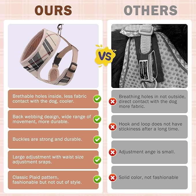 SCENEREAL No Pull Dog Harness Collar and Leash Set for Small Sized Dogs, Soft Mesh Step in Plaid Harnesses for Fall Winter, Adjustable Pet Vest for Outdoor Walking Training and Running