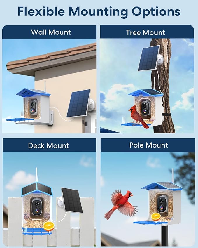 Triple-Solar Powered Smart Bird Feeder with Camera - 3MP UHD Wireless Birdwatching Camera for Outdoors with AI Identification Bird Species & 2L Seed Capacity, Ideal Gift for Birds Lovers, Moms & Dads