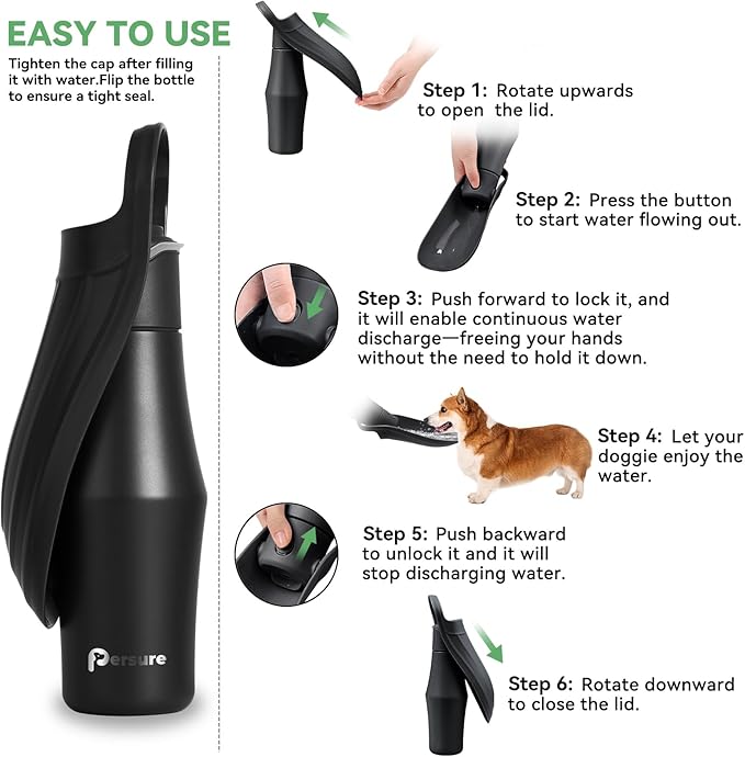 27 OZ Dog Water Bottle Portable Stainless Steel Convenient Pet Water Dispenser, Leak Proof Puppy Travel Water Bowl for Dog Outdoor Walking, Hiking, Perfect Size For All Dog Breeds, Whole Black