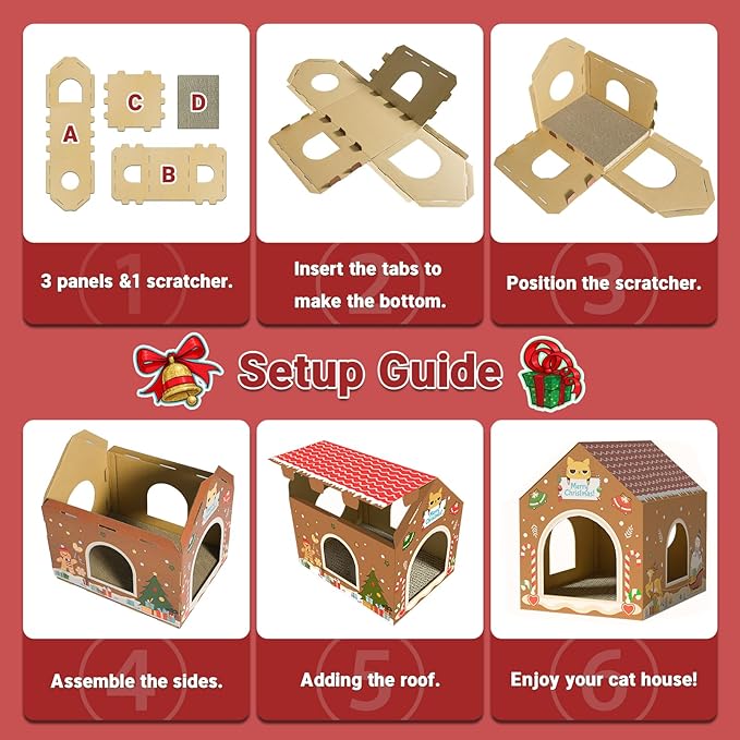 WESTERN HOME Christmas Cardboard Cat House W/Scratcher, Gingerbread Man Indoor Cat House for Christmas Decorations, Hideway Playhouse for Kitten&Small Animal (Brown, 16.5" x 12.5" x 15.5")
