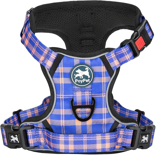 PoyPet No Pull Dog Harness, Reflective Adjustable No Choke Pet Vest with Front & Back 2 Leash Attachments, Soft Control Training Handle for Small Medium Large Dogs(Checkered Blue & Orange,XL)