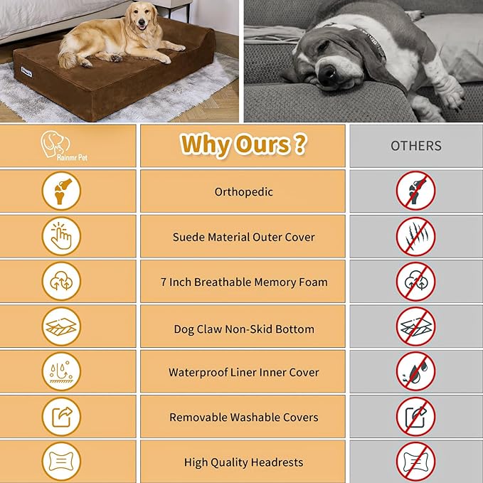 Orthopedic Dog Beds for Large Dogs, 7" Memory Foam Dog Beds with Waterproof Liner, Chew Proof Microsuede Cover, Removable and Washable, Nonskid Bottom, 52"x36"x7" XL Chocolate