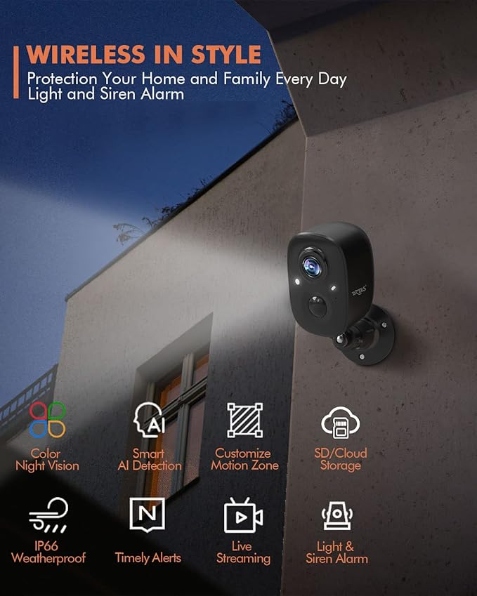 Dzees 2K Security Cameras Outdoor Wireless, WiFi Battery Powered Surveillance Camera for Home Security, Indoor Video Cam with Color Night Vision, 2 Way Audio, AI Motion Detection, Cloud/SD, IP65