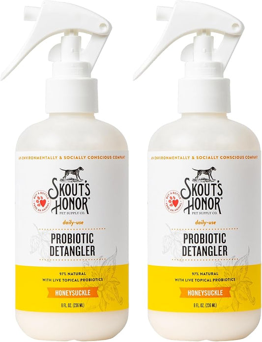 Skout's Honor Probiotic Pet Detangler Spray - Hydrating & Conditioning w/Avocado Oil, 97% Natural, Paraben & Sulfate-Free, softens for a More brushable Coat, Daily Use, 8oz, Honeysuckle, 2-Pack