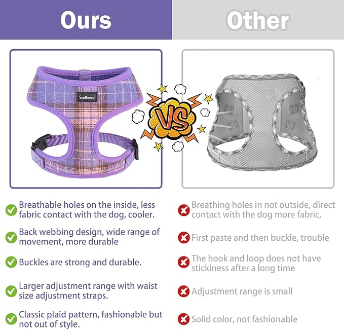 SCENEREAL Puppy Dog Harness with Leash Set for Small Medium Sized Dogs, Soft Mesh Step in Pet Harnesses and Leash, No Chock Plaid Adjustable No Pull Vest for Dogs Cats, Chihuahua,Bulldog (Purple XS)