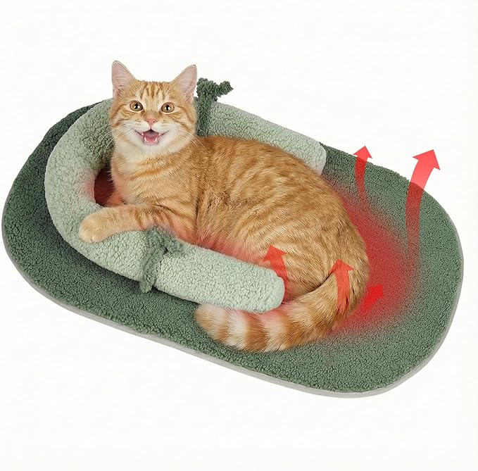 Self Warming Cat Bed Mat with Soft U-Shaped Pillow– Thickened Calming Cat Bed for Kittens and Small Dogs – Portable Washable Cats Warming Pad for Indoor or Travel Use,Green