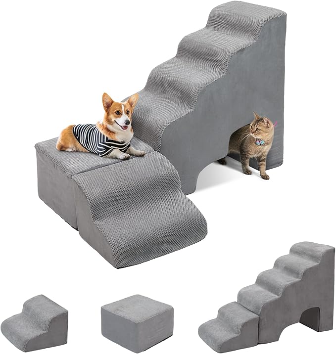 A.FATI Dog Stairs for High Beds up to 30-36 Inch, 6 Tiers Dog Steps, Pet Stairs Adjust to Left Side of Bed, Non-Slip Dog Ramp for Small Dogs and Old Pets