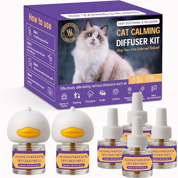 Cat Calming Pheromone Diffuser Kit, 2 Plug-Ins + 4 Refills (48ml Each), Long-Lasting Stress & Anxiety Relief, Reduces Fighting, Spraying & Scratching, Safe & Drug-Free Comfort for All Cats and Kittens