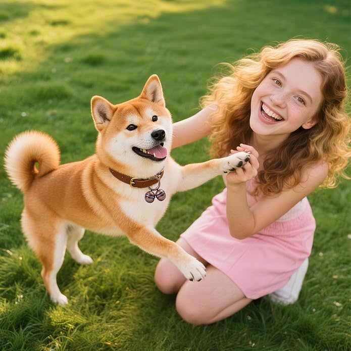 Loud Dog Collar Bells, Durable Pet Bells Tracker for Large Dogs, 4 Copper ells and 2 Leather Button Strap for Outdoor Safety, Pet Tracking, Hiking, Walking