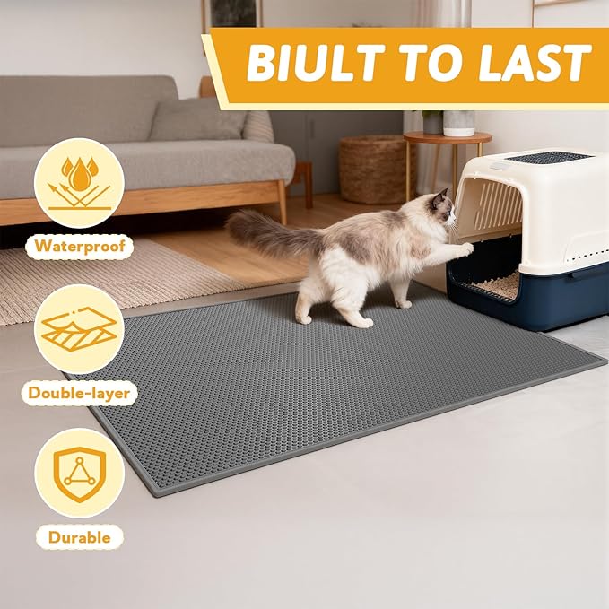 Pieviev Cat Litter Mat Double Layer Waterproof Urine Proof Trapping Mat 1 Pack (Gray, 47x36 Inch (Pack of 1))