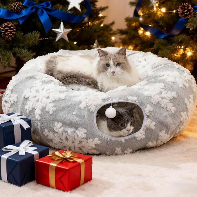 Grelife Cat Tunnel Bed for Indoor Cats, Large Cat Tunnel Christmas Tree Skirt, Cat Donut Tunnel Toys with Warm Plush, Non-Slip Base, Removable Cushion, Perfect for Cats, Kittens, Small Pets(33.4")