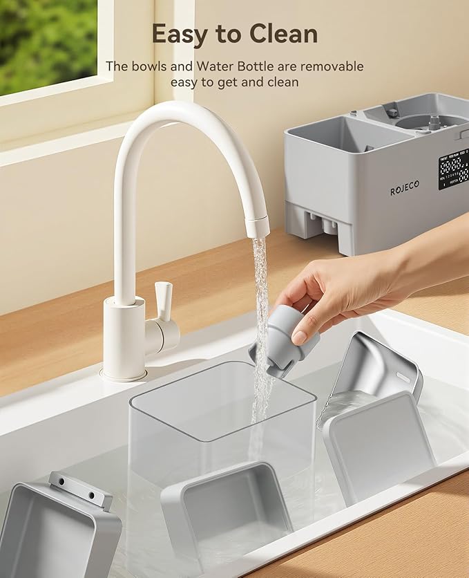 Rojeco 36Cups/8.5L Pet Automatic Cat Feeder and Gravity Water Dispenser,Stainless Steel Bowls 2-in-1 Set Large Capacity 5L Food Feeder and 3.5L Water Fountain for Cats,Pets,Small Dogs,Grey