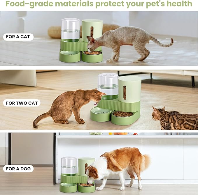 2 Pack Automatic Cat Feeder Stainless Steel Water Dispenser Gravity Food Feeder and Waterer Set with Pet Food Bowl for Small Medium Kitten Puppy Pets Large Capacity(Green)