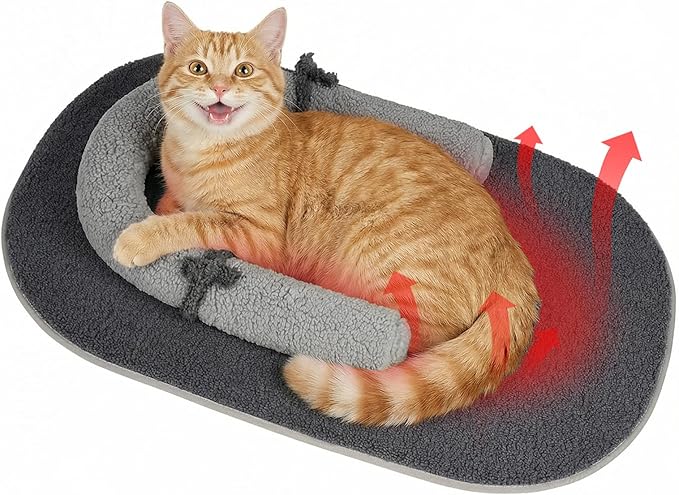 Self Warming Cat Bed Mat with Soft U-Shaped Pillow– Thickened Calming Cat Bed for Kittens and Small Dogs – Portable Washable Cats Warming Pad for Indoor or Travel Use,Black