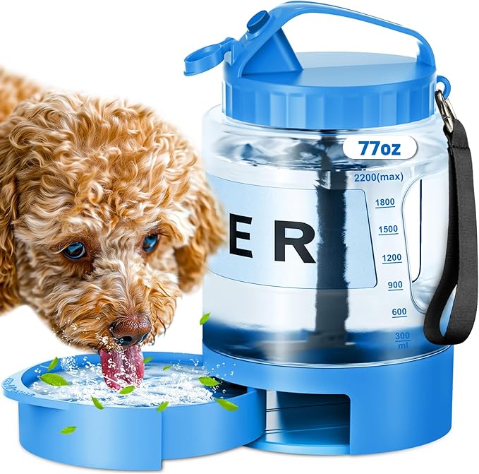 Large Dog Water Bottle Portable Bowl - 77oz Dog Travel Water Dispenser with Pull Out Bowl, Ideal for Hiking, Camping, Parks, Leak-Proof BPA-Free Outdoor Pet Bottle for Large Pets, Blue
