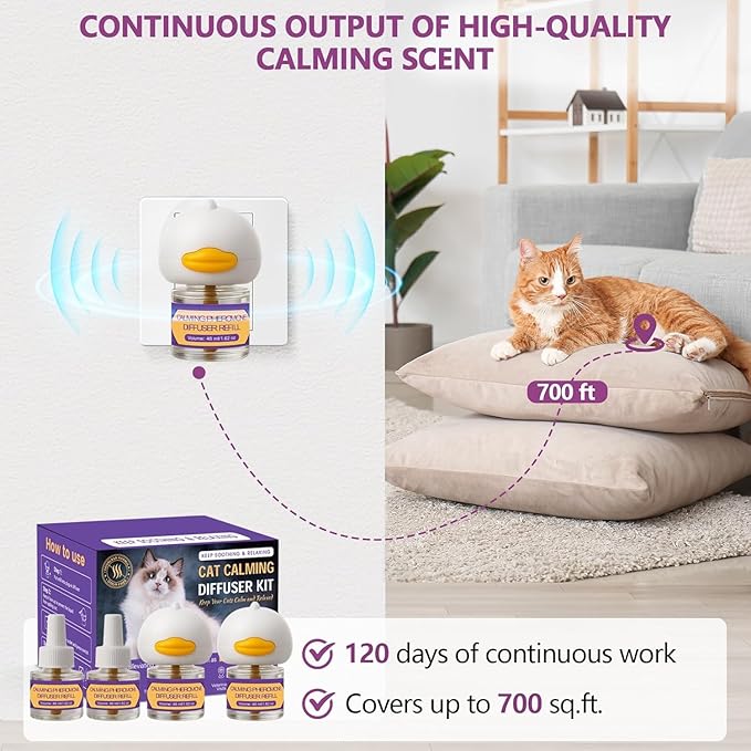 Cat Calming Pheromone Diffuser Kit, 2 Plug-Ins + 4 Refills (48ml Each), Long-Lasting Stress & Anxiety Relief, Reduces Fighting, Spraying & Scratching, Safe & Drug-Free Comfort for All Cats and Kittens