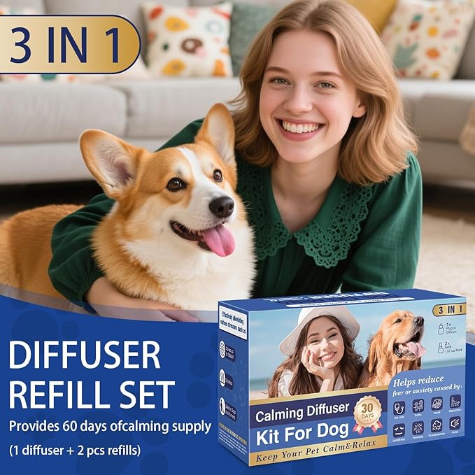 Dog Pheromone Calming Diffuser: Relaxing Pheromone Diffuser for Dogs Relief Stress Anxiety Fighting Scratching Barking, Dog Calming Pheromone Diffuser Kit with 1 Plug in Diffuser+2 Refill 48ml (3in1)