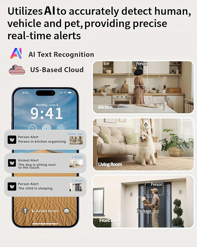 2K Cameras for Home Security, 2.4/5GHz Wi-Fi 6 Indoor Camera for Dog/Pet/Nanny/Baby with US Phone App, AI Text Recognition, Smart Search, Color Night Vision,2 Way Talk Mini Cam,Human Detection,2 Packs