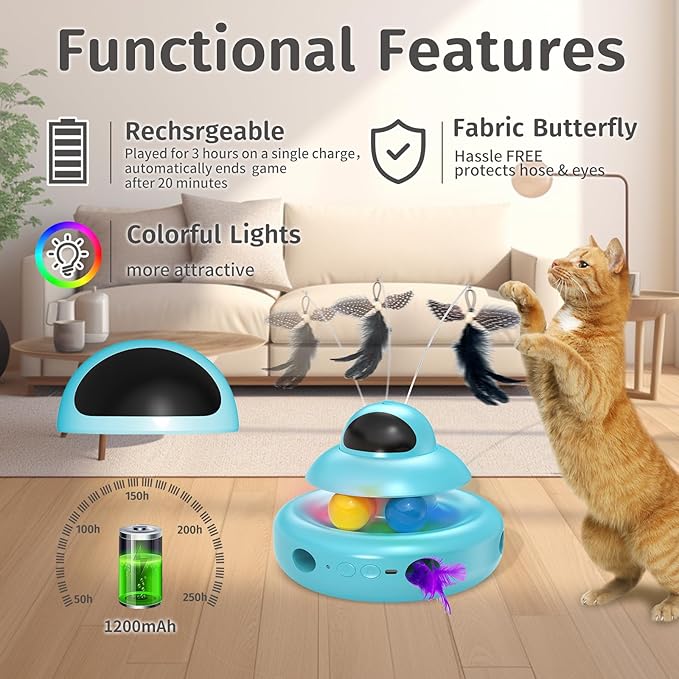 Cat Toys,4-in-1 Automatic Kitten Toy for Bored Indoor Adult Cats,lectric Flying Butterfly,Whack a Mole,Feather Track Balls,Blue
