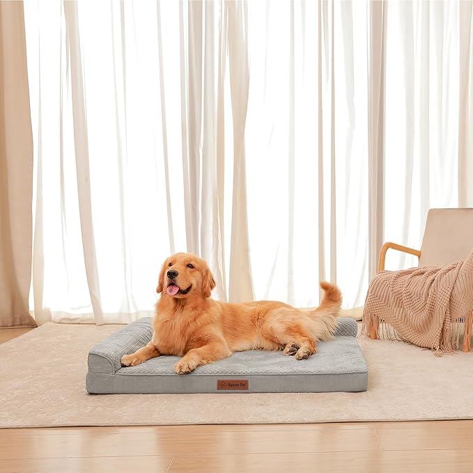 Orthopedic Dog Beds for Large Dogs, Memory Foam Dog Beds Large Sized Dogs, Washable Removable Cover, Nonskid Bottom, Waterproof, for Indoor, Outdoor, Crate & Car Use, 44x32x6 Inches, Light Grey