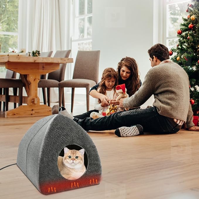 BWOGUE Indoor Heated Cat Bed, 2 in 1 Heated Cat Cave Bed with Temp Adjustable and Timer, Warming Cat Bed Thermo-Pet Nest for Indoor Cats Old Cats 16.9"×16.9"×16.1"(Light Grey Heating Mat)