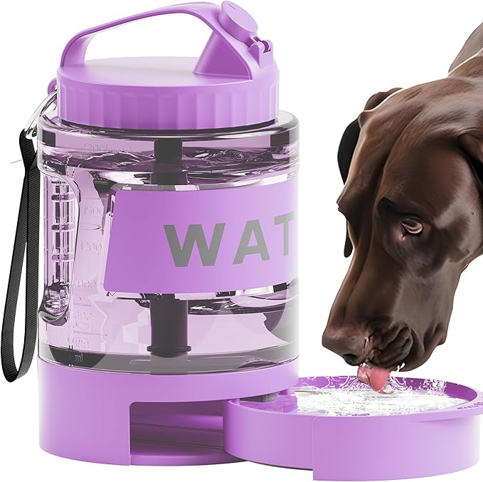 77oz Dog Water Bottle with Dispenser Bowl, 2200ml Capacity, Purple, Portable Pet Travel Bottle with Strap