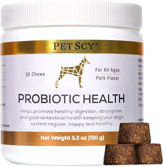 PetScy - Probiotic Chews for Dogs, Probiotic for Dogs of All Ages, Sizes & Breeds with Prebiotic Fiber and Pure Omega-3 | Improves Skin, Coat, and Gut Health, 30 Chews