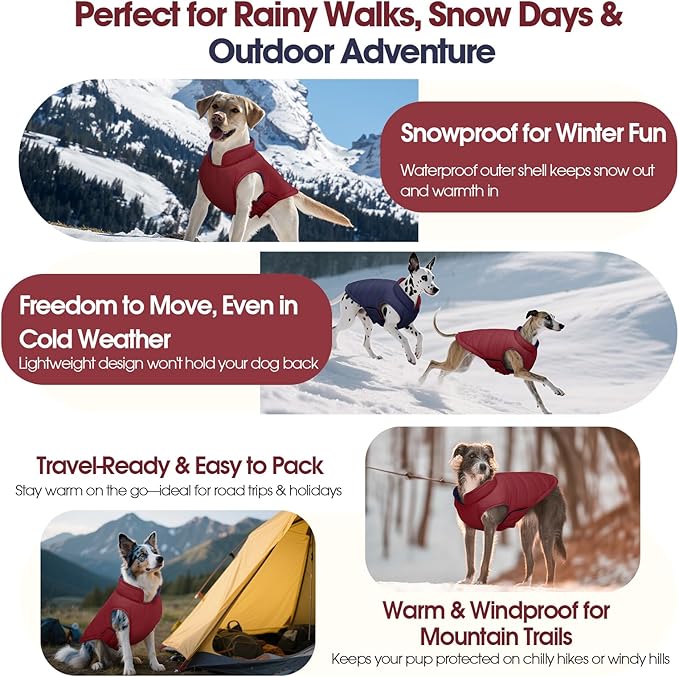 QBLEEV Reversible Dog Jacket for Small Dogs, Waterproof Windproof Warm Winter Coat with Adjustable Fit & Leash Hole, Lightweight Reversible Puffer Vest, Wine Red, S – Fits Yorkie, Shih Tzu
