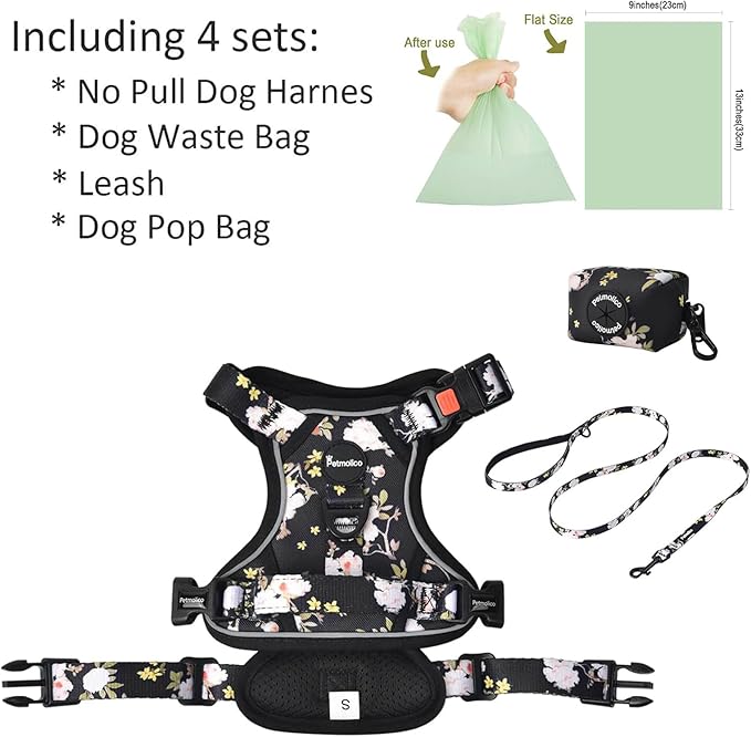 Petmolico No Pull Dog Harness Set, 4 Leash Attchment Easy Control Handle Reflective Vest Dog Harness for Small Breed,Harness and Leash Set with Poop Bag Holder, Small Yellow Peach Blossom