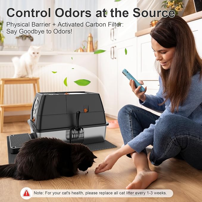 Stainless Steel Litter Box with Lid, XL Extra Large Litter Box, Enclosed Top Entry Metal Litterbox for Big Cat, Easy Cleaning, Less Leakage & High Sided with Mat, Aisle & Scoop Black