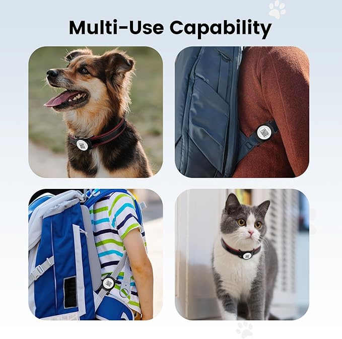 Smart Pet Tracker for Collar - Dog Trackers Location for Pet with Holder, No Monthly Fee, Real-Time Tracking, iOS Only, Emergency Contact, Long-Lasting, Anti-Lost Tracker for Cats, Bag Straps, Black