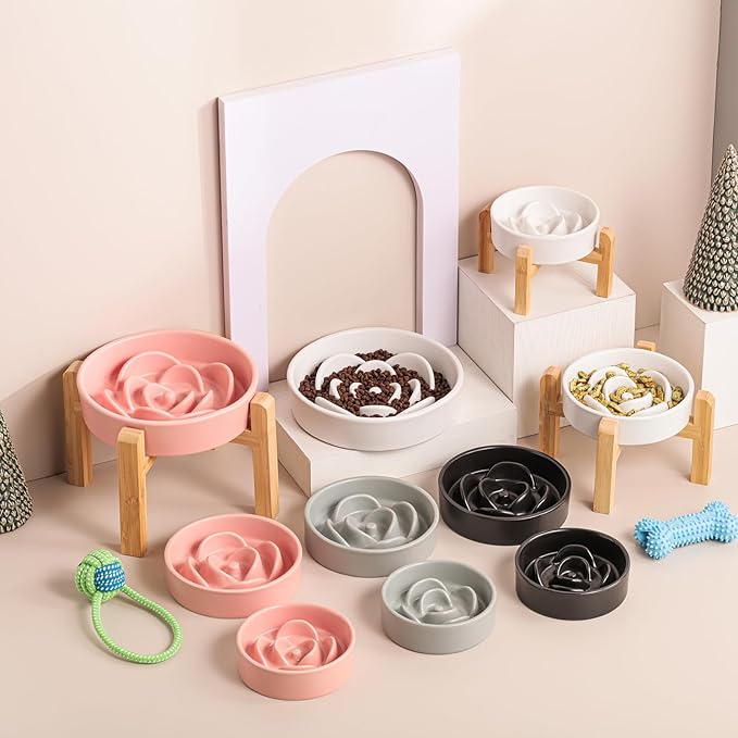 Black Ceramic Slow Feeder Dog Bowl for Medium and Large Breed,Elevated/Raised 1.5 Cup 8.26 in Slow Feeding Bowl,Puzzle Dog Food Bowl for Fast Eater,Maze Dish for Fast Eater