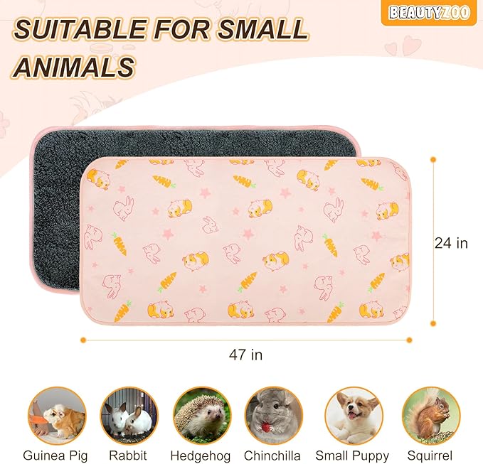 BEAUTYZOO 2 Pack Guinea Pig Cage Liners, Washable Reversible Fleece Guinea Pig Bedding, Waterproof Super Absorbent Pee Pads for Small Animals Rabbit Hamster Bunny - 24"x47" Pink