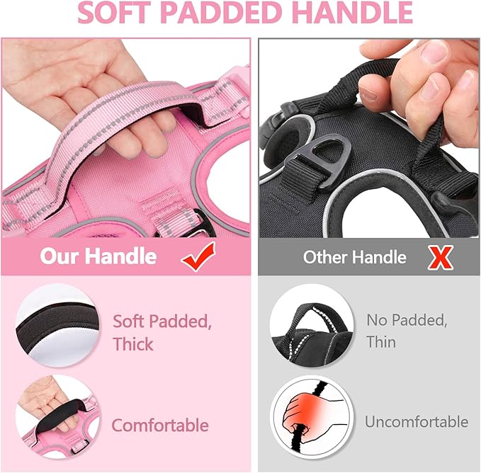 PoyPet No Pull Dog Harness, No Choke Reflective Dog Vest, Adjustable Pet Harnesses with 2 Leash Attachments with Easy Control Padded Handle for Small Medium Large Dogs(Light Pink Matching Trim,M)