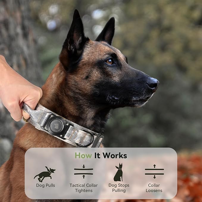 2025 Upgrade Waterproof AirTag Dog Collar, Military Tactical Dog Collar with AirTag Holder, Comfortable Control Handle and Metal Buckle, GPS Dog Collar Holder for Medium to Large Dog
