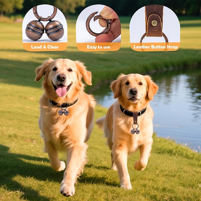 Loud Dog Collar Bells, Durable Pet Bells Tracker for Large Dogs, 4 Copper ells and 2 Leather Button Strap for Outdoor Safety, Pet Tracking, Hiking, Walking
