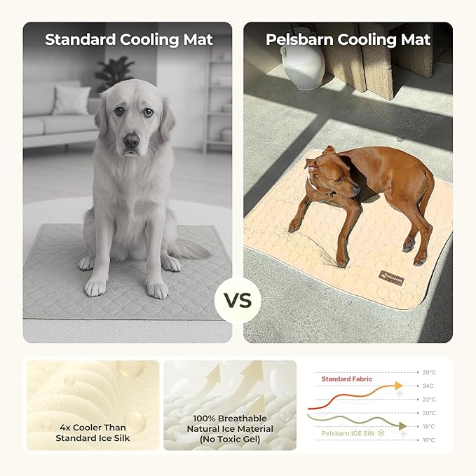 Pelsbarn Dog Cooling Mat- Ice Silk Summer Comfort, Self Cooling, Non-Slip Dog Pad, Durable & Washable, Mat for Large Dogs 25" x 37", Support Shelter Dogs with Every Purchase (Beige)