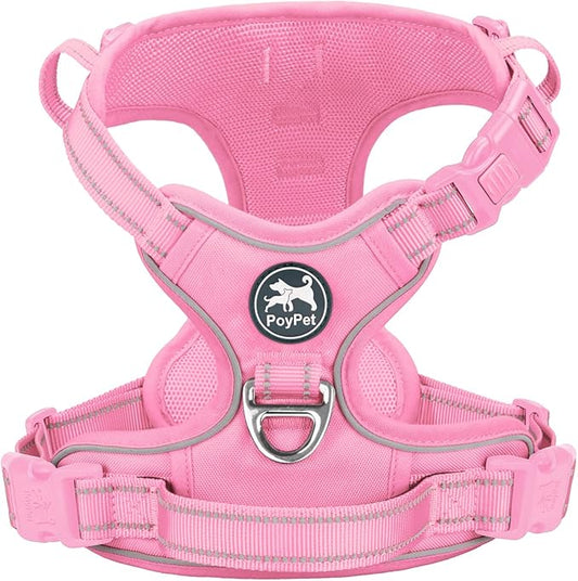 PoyPet No Pull Dog Harness, No Choke Reflective Dog Vest, Adjustable Pet Harnesses with Easy Control Padded Handle for Small Medium Large Dogs(Light Pink Matching Trim,S)