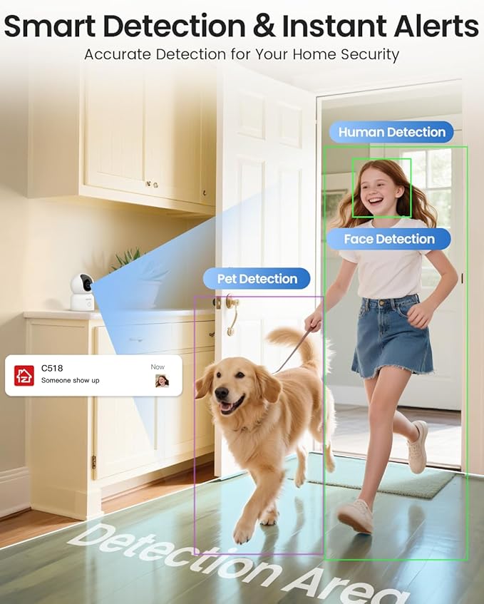 ZOSI 4K Indoor Security Camera, C518 WiFi Pan/Tilt Pet/Dog/Baby Plug-in IP Camera, Auto Tracking, AI Human/Face/Pet Detection, 360° View, Night Vision, 2-Way Audio, 5GHz/2.4GHz WiFi, 64G Memory Card