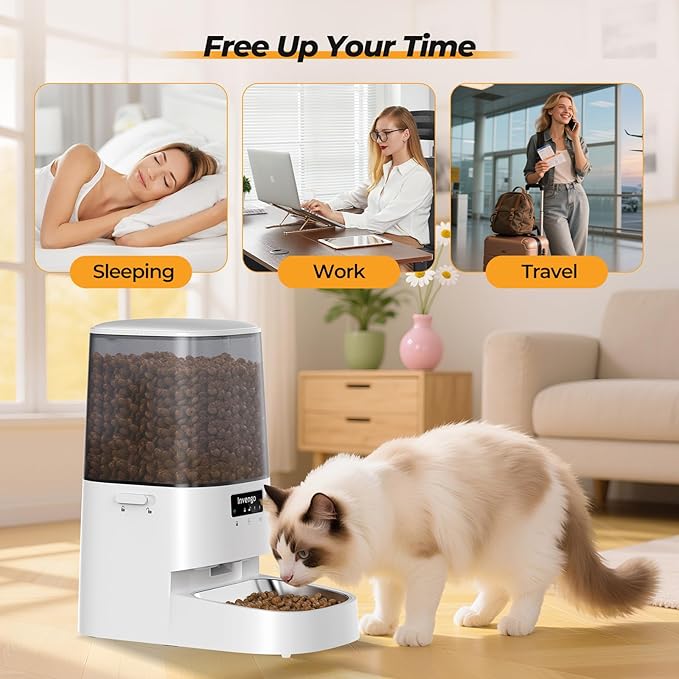 Cat Feeder Automatic - Cat Food Dispenser MeowServe S20, Auto Dog Feeder with Stainless Steel Bowl, 5L Pet Feeder with Patented Anti-Jam Port, App, Dual Lock Lid, Dual-Band WiFi & Power, White